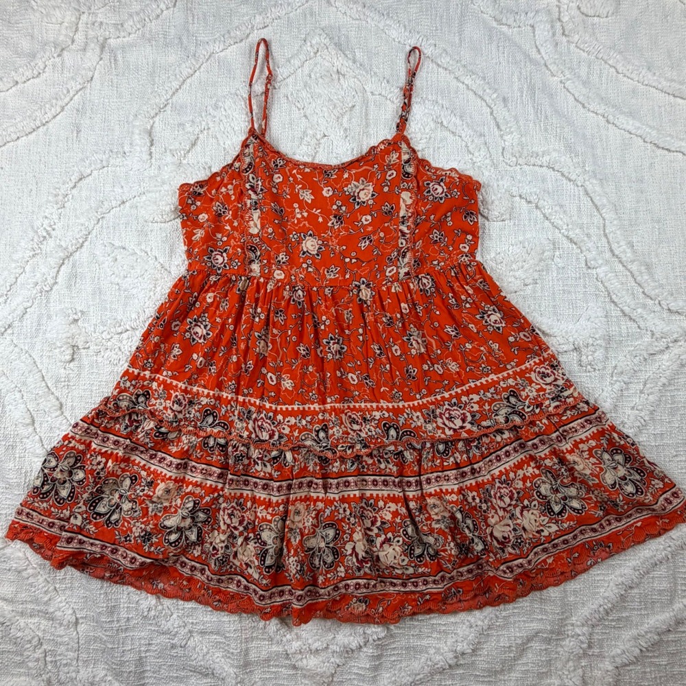 Urban Outfitters Floral Tiered Mini Dress Orange Medium Boho Autumn Cottagecore